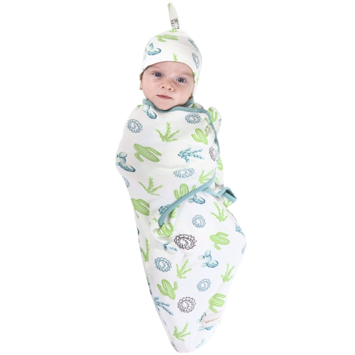 Baby Swaddle Blanket and Hat Set,Adjustable Infant Baby Wrap Set,Receiving Blanket,Baby Beanie Hat Top Knot for 0-3 Months,3-6 Months